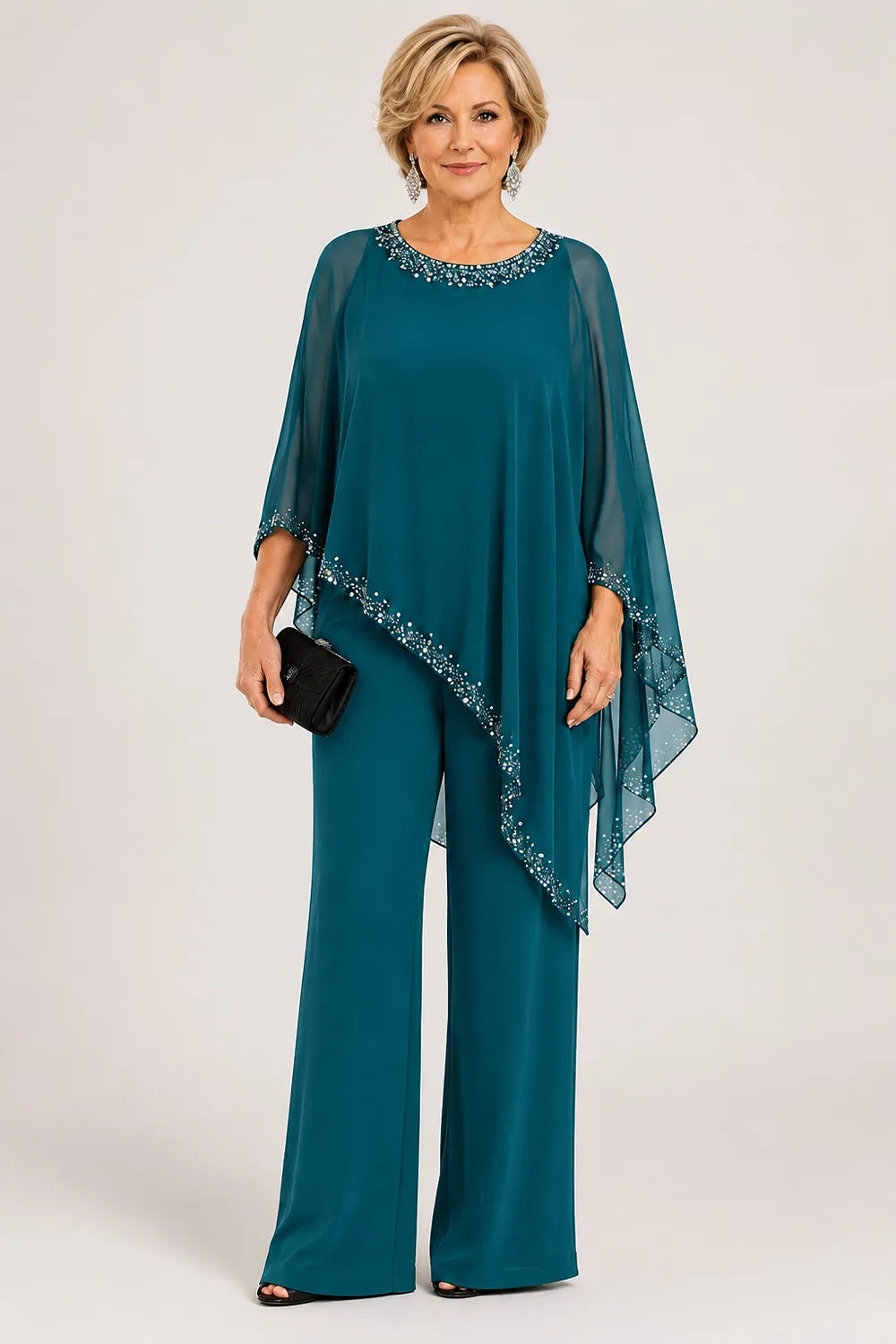 💝💝Beaded Chiffon Cape Formal Pant Suit with Wide Legs