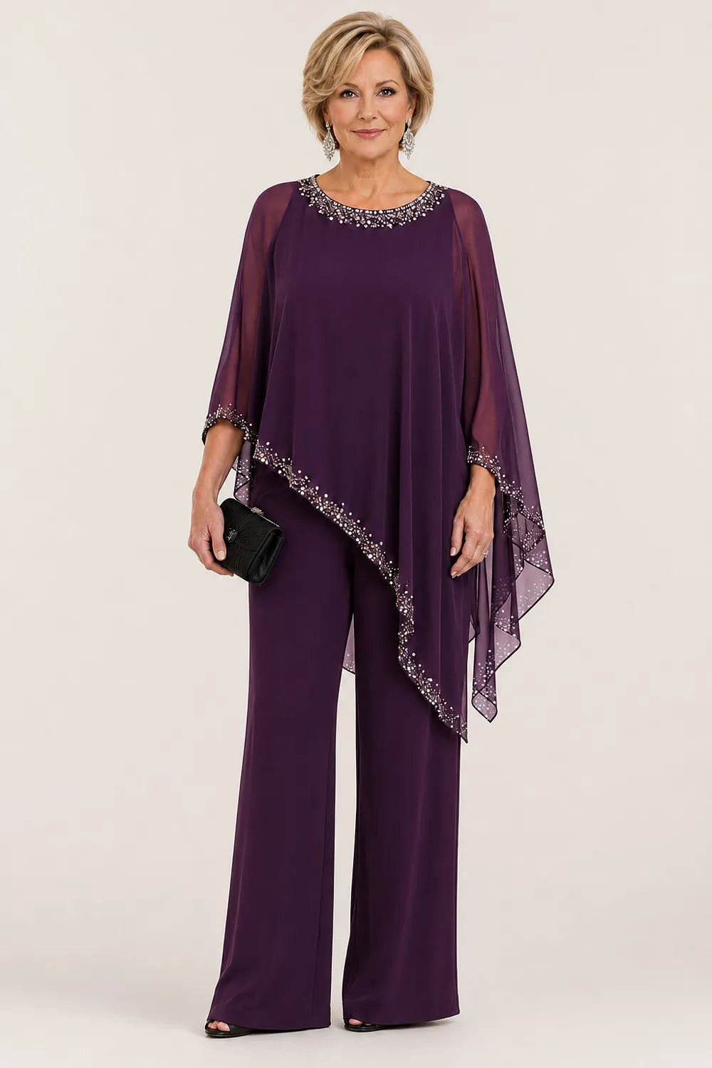 💝💝Beaded Chiffon Cape Formal Pant Suit with Wide Legs