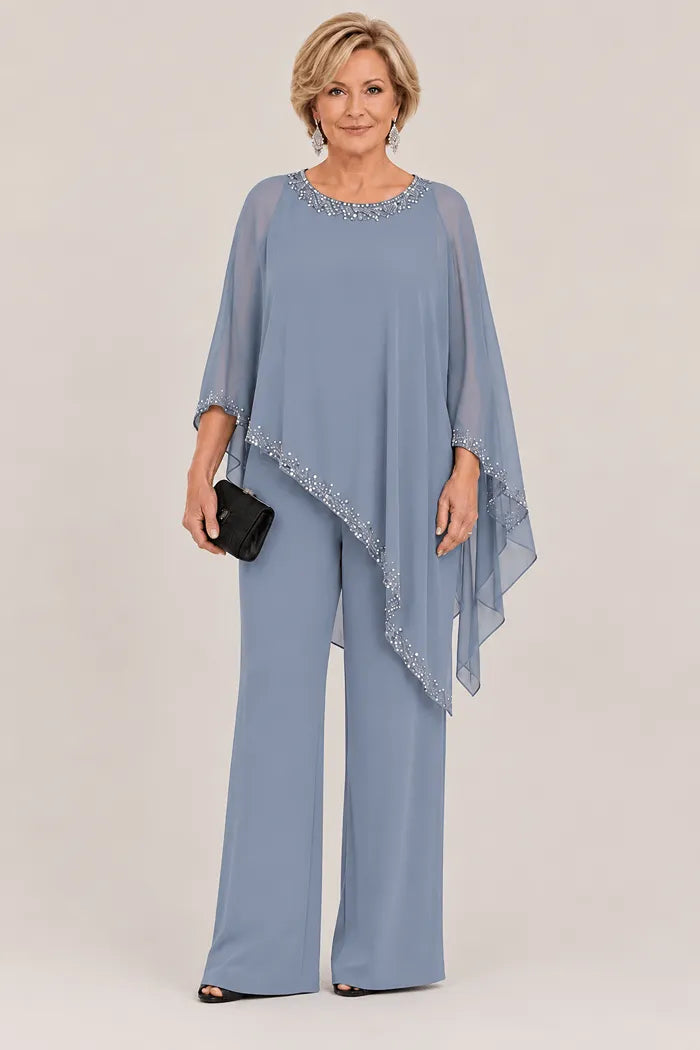 💝💝Beaded Chiffon Cape Formal Pant Suit with Wide Legs