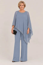 💝💝Beaded Chiffon Cape Formal Pant Suit with Wide Legs