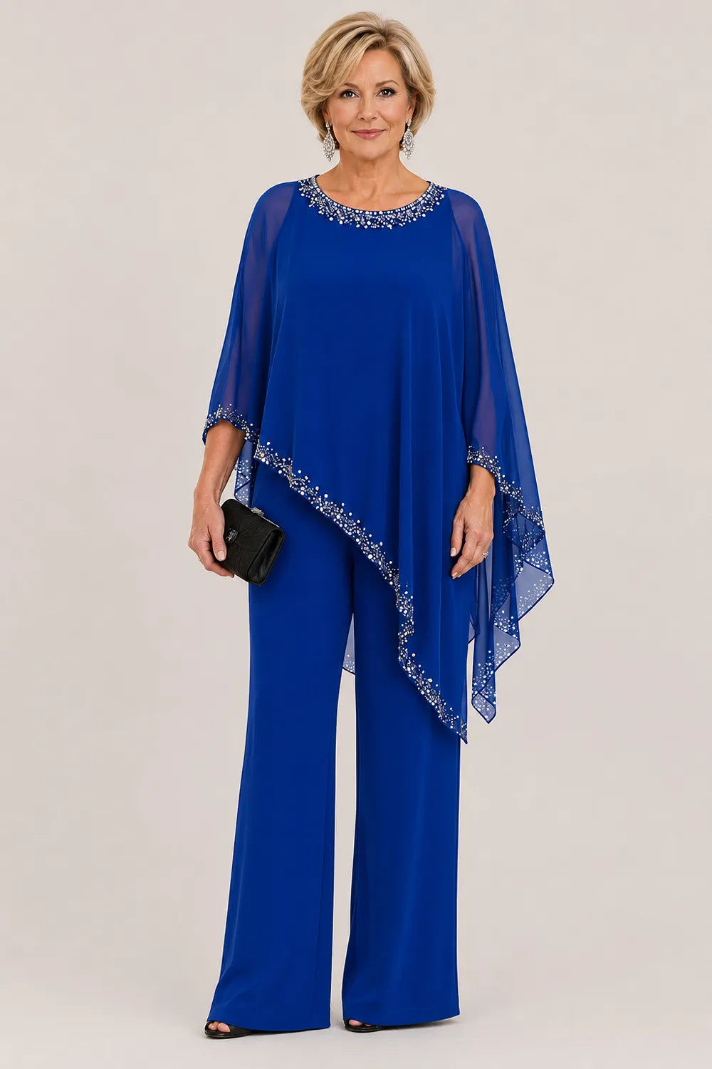💝💝Beaded Chiffon Cape Formal Pant Suit with Wide Legs