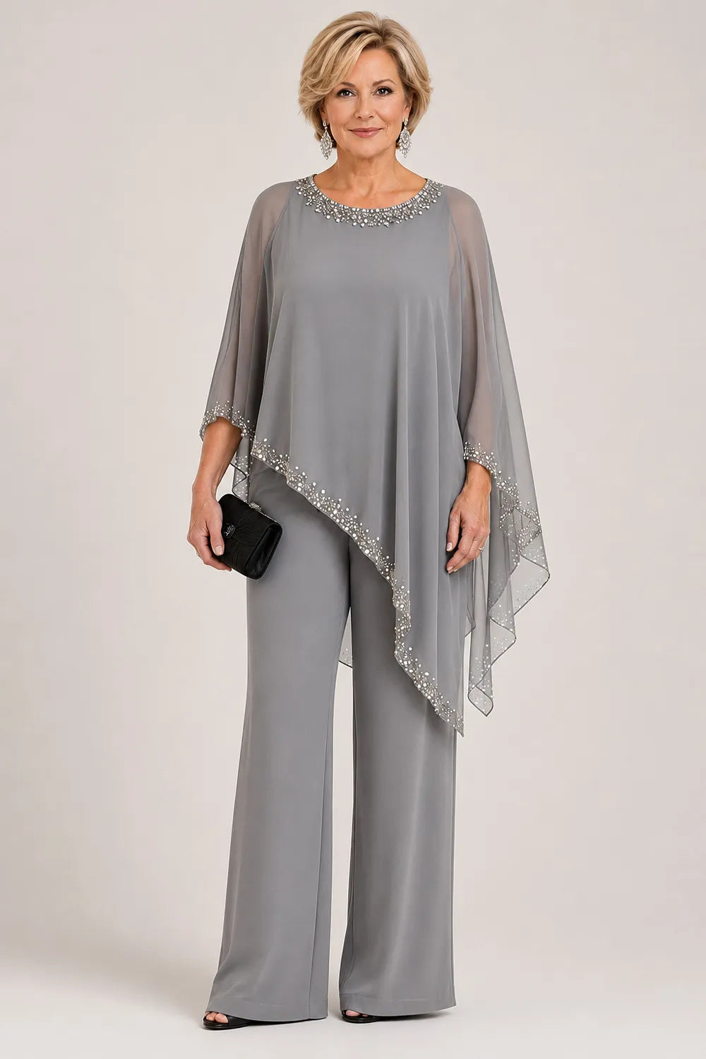 💝💝Beaded Chiffon Cape Formal Pant Suit with Wide Legs