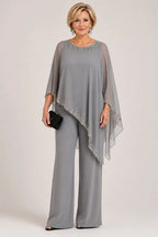 💝💝Beaded Chiffon Cape Formal Pant Suit with Wide Legs
