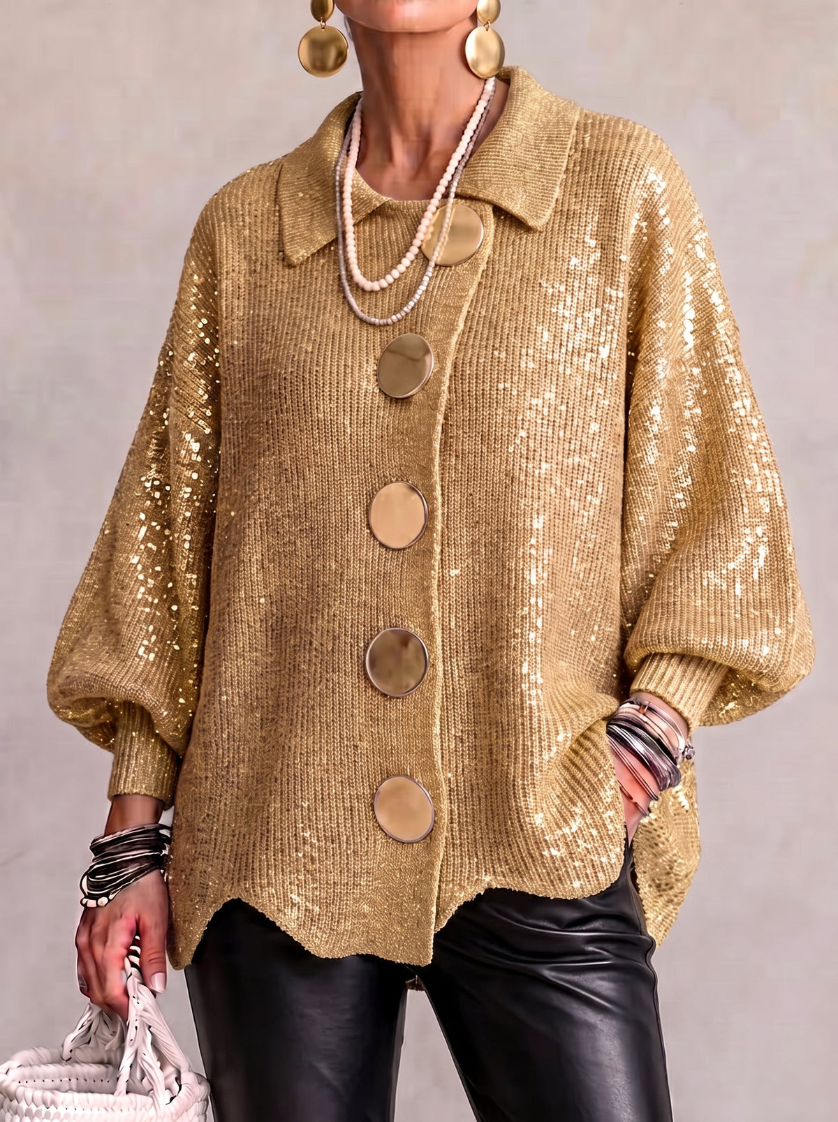 💝💝Oversized Collared Knit Cardigan With Large Metal Buttons