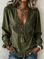💝💝Women's Solid Color V-neck Long-sleeve Loose Casual Tassel Top