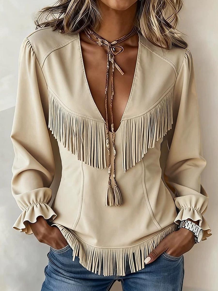 💝💝Women's Solid Color V-neck Long-sleeve Loose Casual Tassel Top