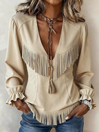 💝💝Women's Solid Color V-neck Long-sleeve Loose Casual Tassel Top
