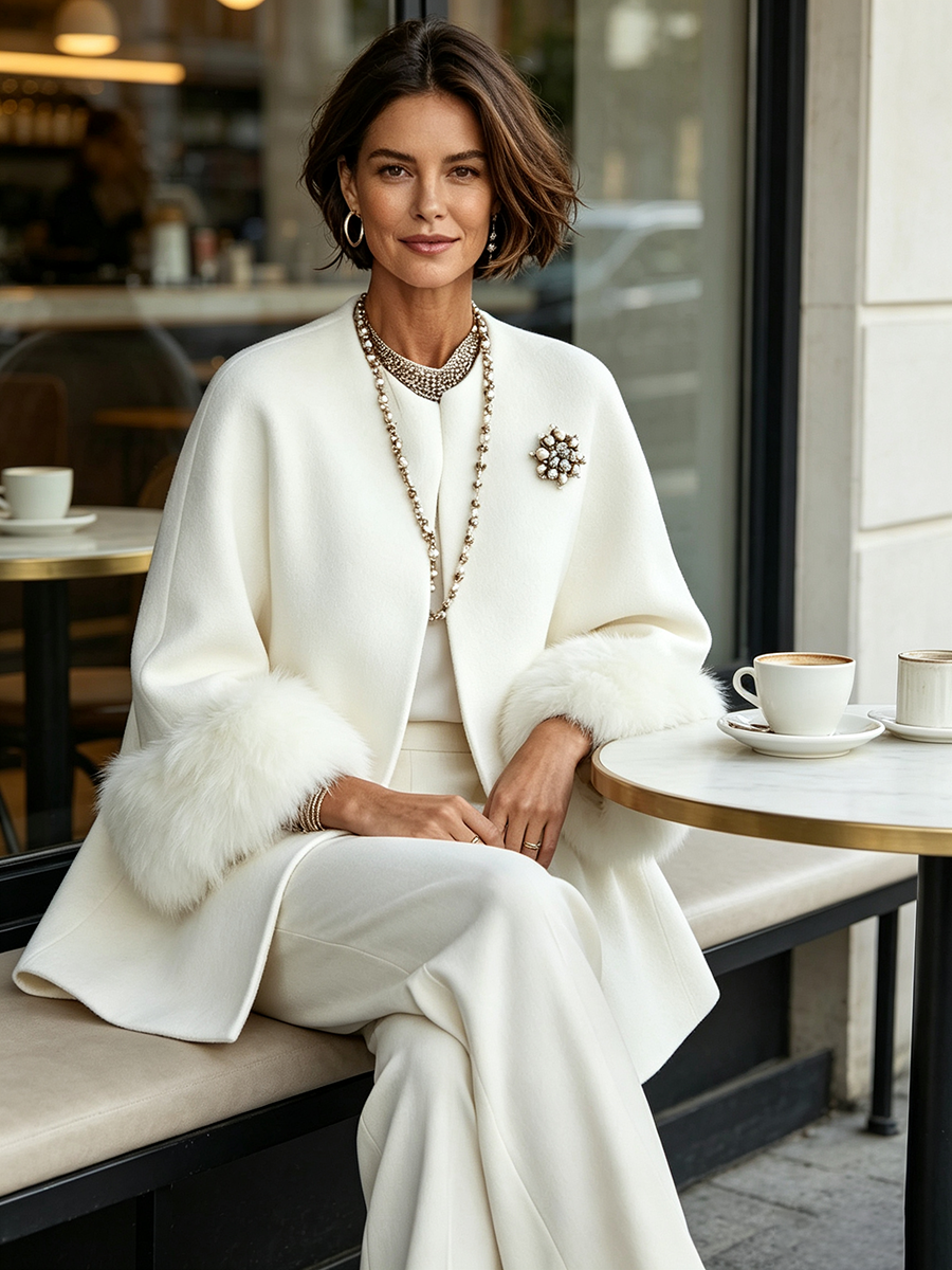 💝💝Elegant Cozy Faux Fur Cuffs Wool-blend Coat