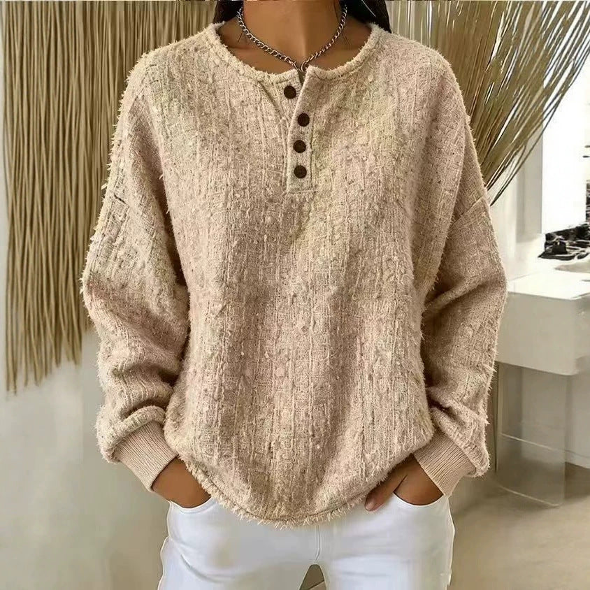 💝💝Chic Textured Henley Sweatshirt In Mixed-color Chunky Yarn
