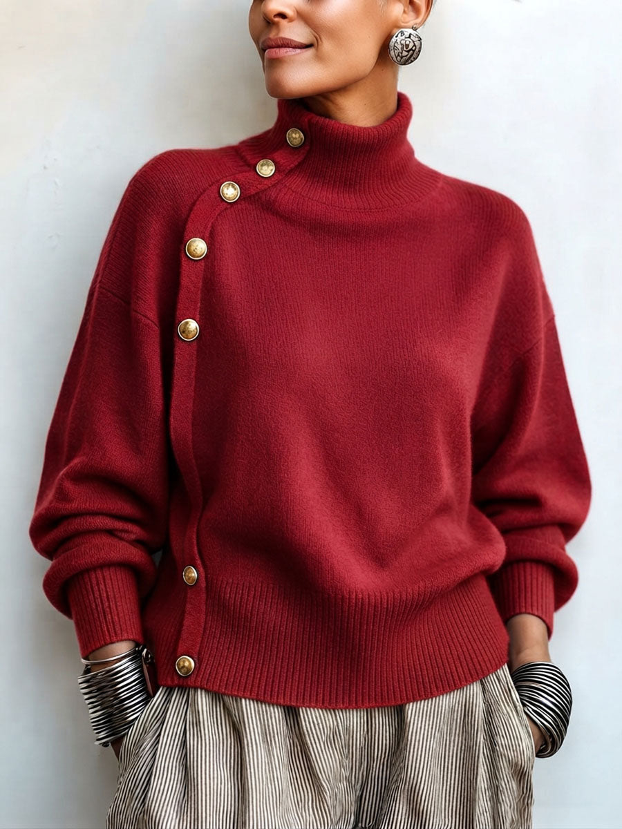 💝💝Chic Elegant Asymmetrical Button Turtleneck Sweater