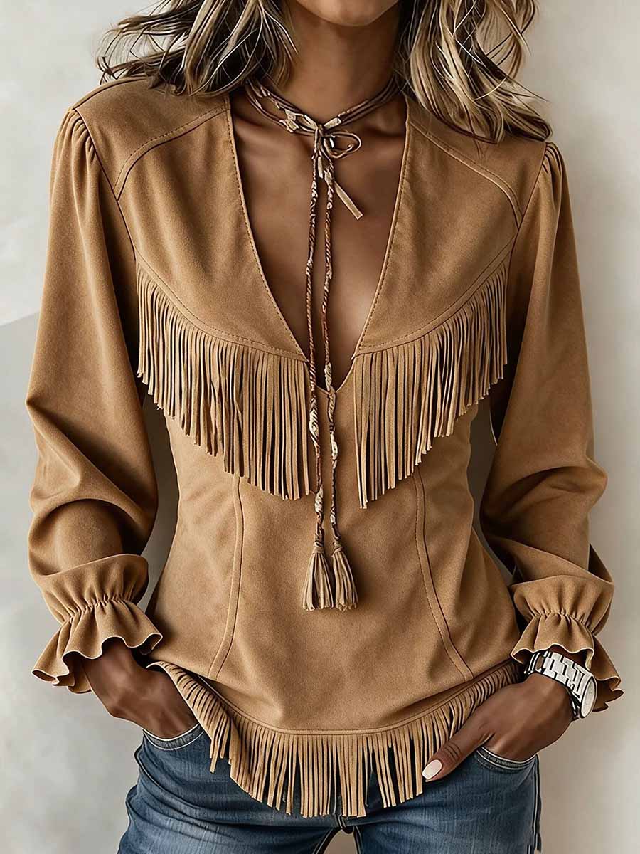 💝💝Women's Solid Color V-neck Long-sleeve Loose Casual Tassel Top
