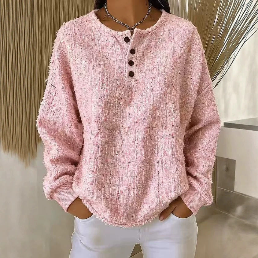 💝💝Chic Textured Henley Sweatshirt In Mixed-color Chunky Yarn