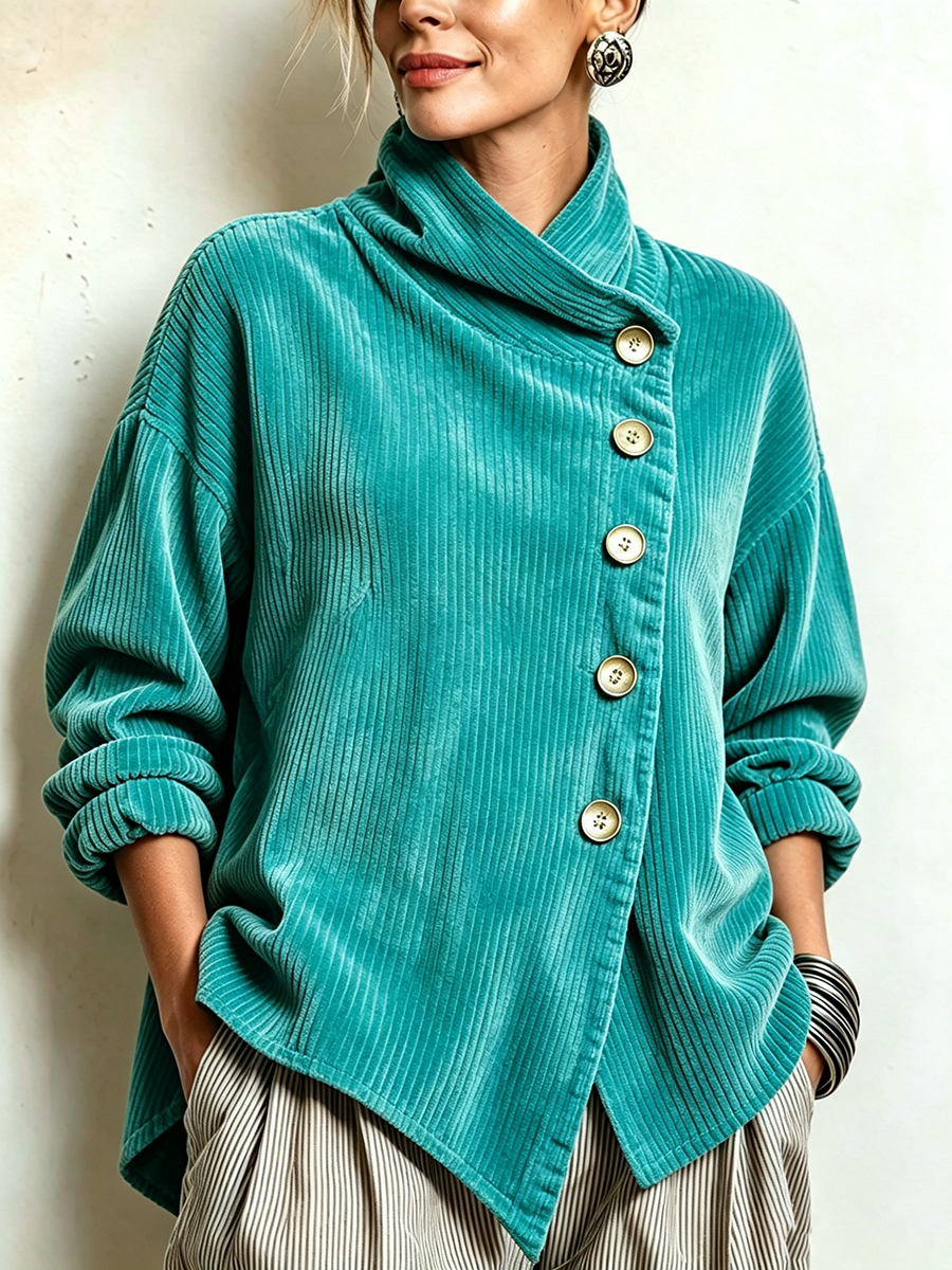 💝💝Chic High Funnel Neck Asymmetric Corduroy Top