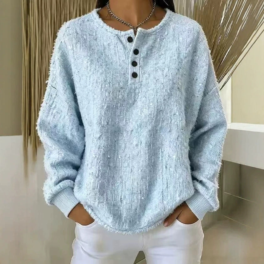💝💝Chic Textured Henley Sweatshirt In Mixed-color Chunky Yarn