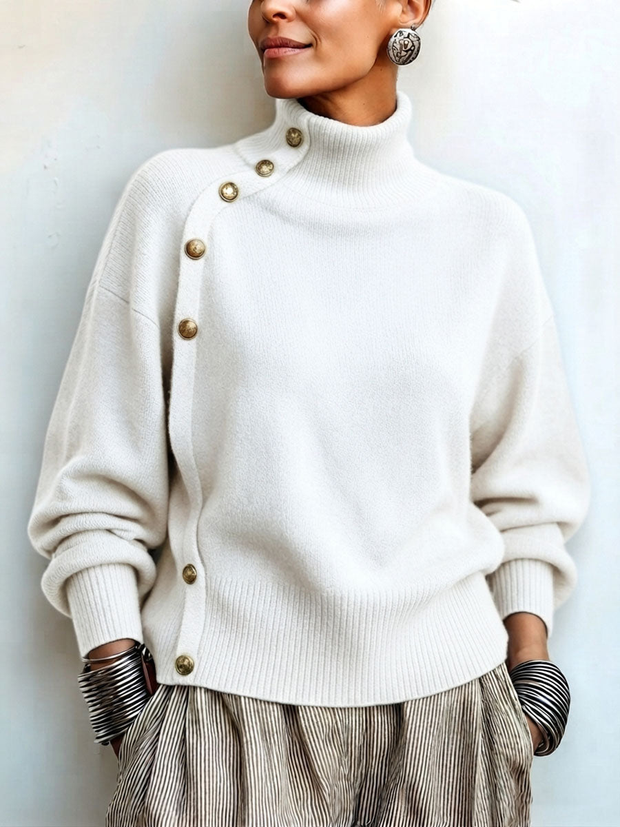 💝💝Chic Elegant Asymmetrical Button Turtleneck Sweater