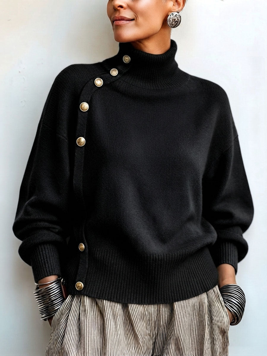 💝💝Chic Elegant Asymmetrical Button Turtleneck Sweater