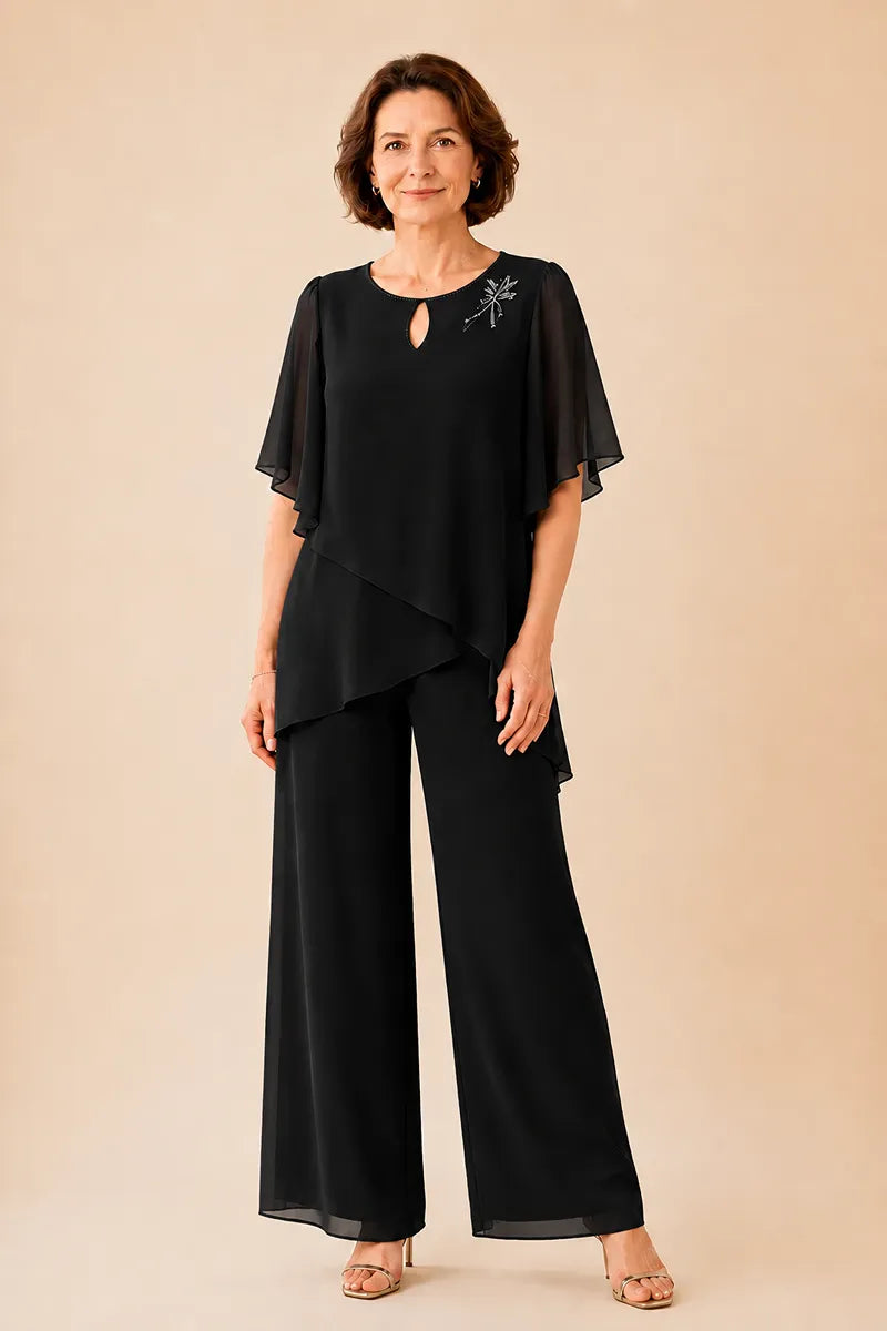 💝💝Embellished Keyhole Chiffon Overlay Pant Set