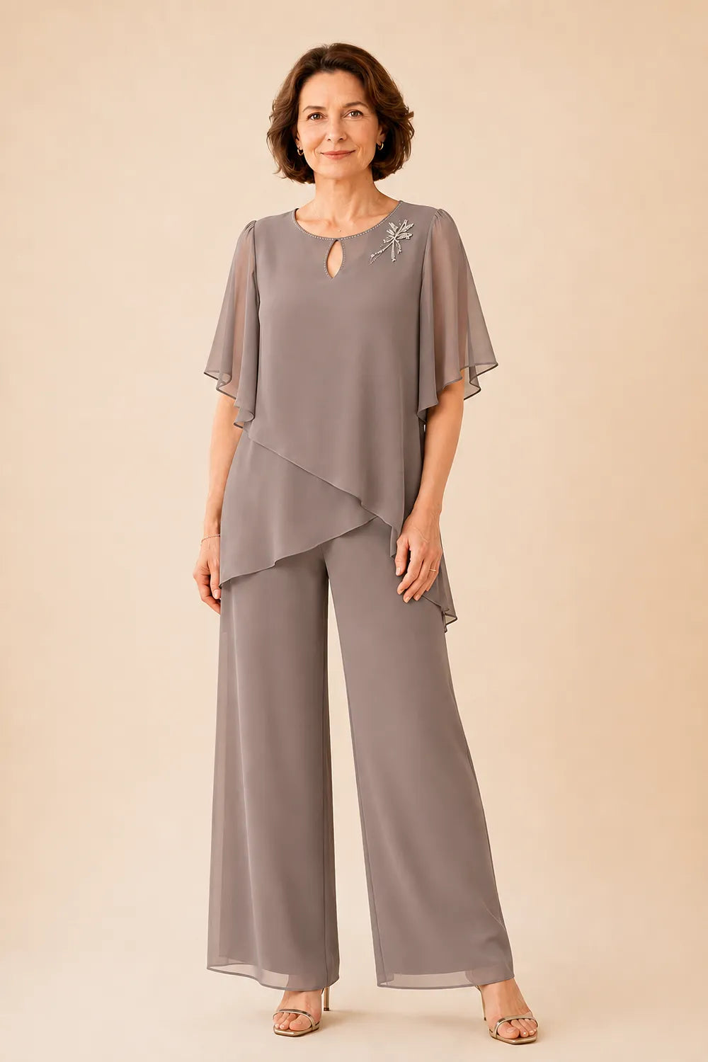 💝💝Embellished Keyhole Chiffon Overlay Pant Set