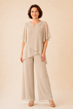 💝💝Embellished Keyhole Chiffon Overlay Pant Set