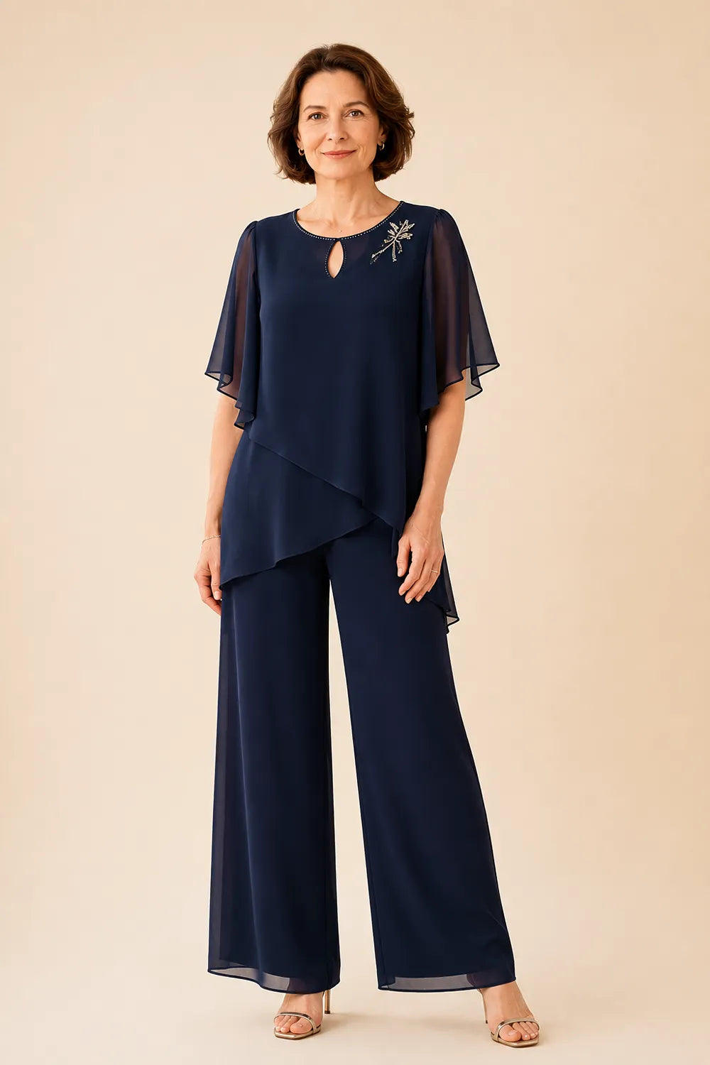 💝💝Embellished Keyhole Chiffon Overlay Pant Set