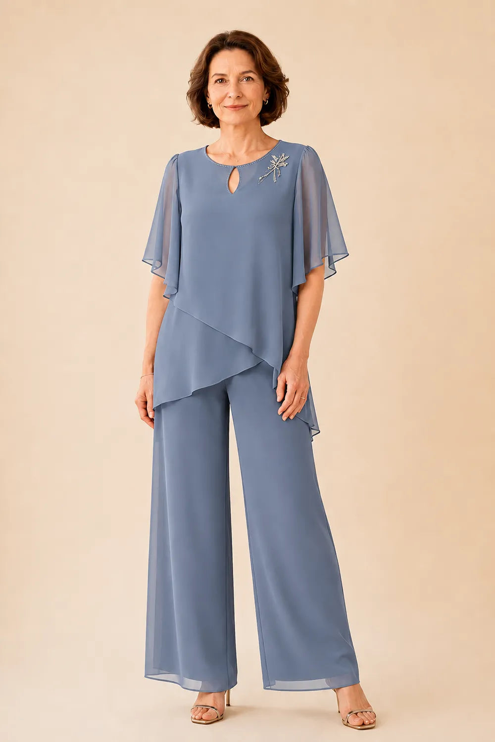 💝💝Embellished Keyhole Chiffon Overlay Pant Set