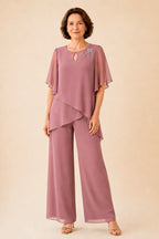 💝💝Embellished Keyhole Chiffon Overlay Pant Set