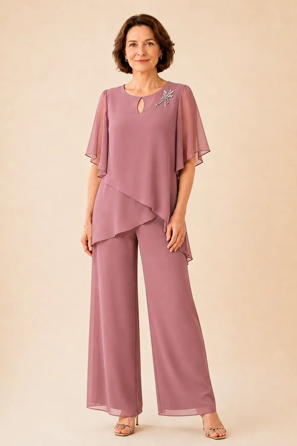 💝💝Embellished Keyhole Chiffon Overlay Pant Set