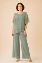 💝💝Embellished Keyhole Chiffon Overlay Pant Set
