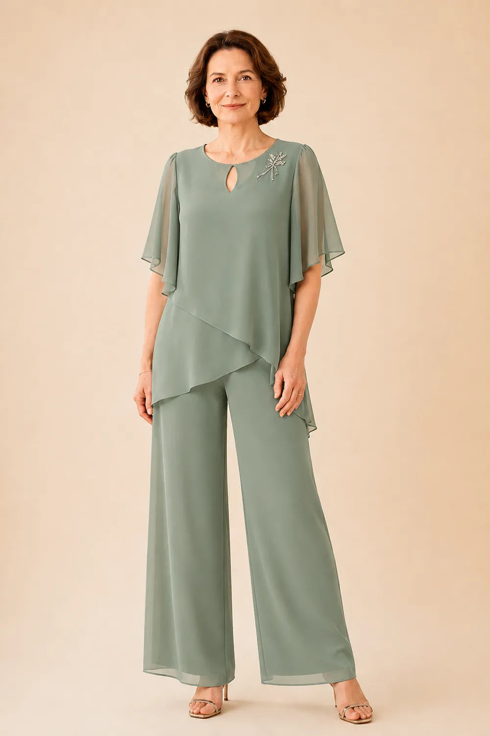 💝💝Embellished Keyhole Chiffon Overlay Pant Set