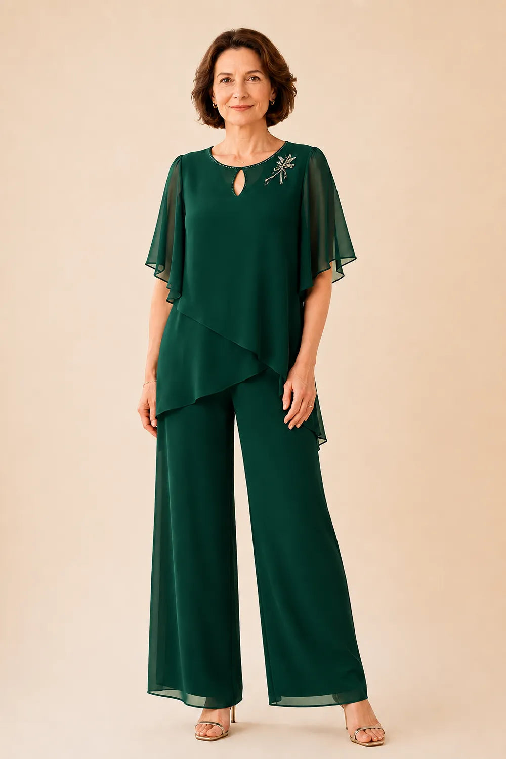 💝💝Embellished Keyhole Chiffon Overlay Pant Set