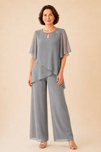 💝💝Embellished Keyhole Chiffon Overlay Pant Set