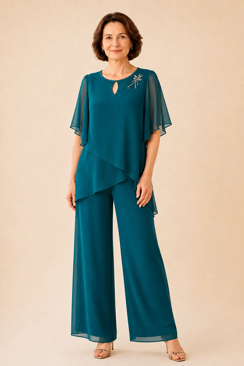 💝💝Embellished Keyhole Chiffon Overlay Pant Set
