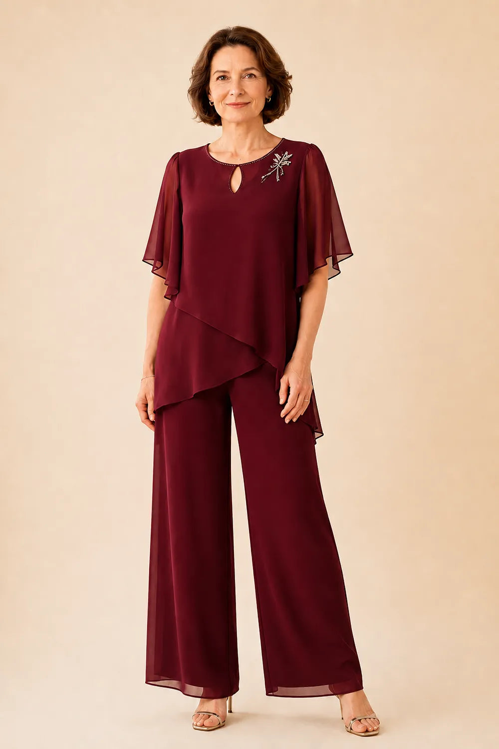 💝💝Embellished Keyhole Chiffon Overlay Pant Set