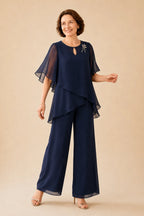 💝💝Embellished Keyhole Chiffon Overlay Pant Set