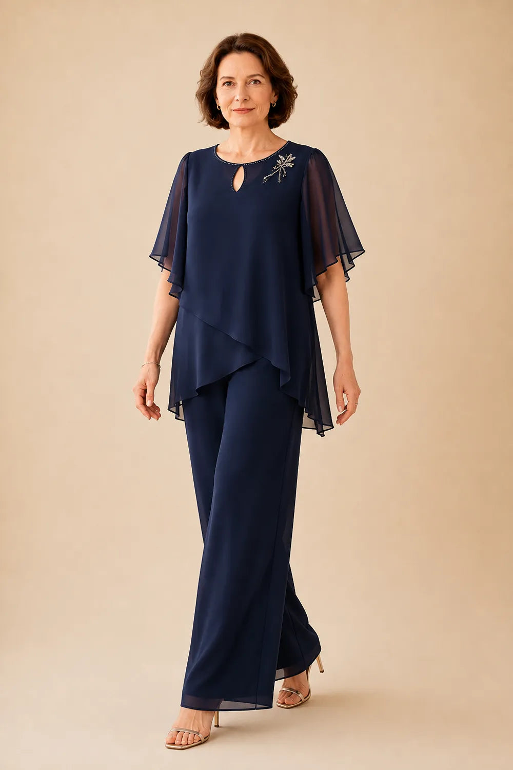 💝💝Embellished Keyhole Chiffon Overlay Pant Set