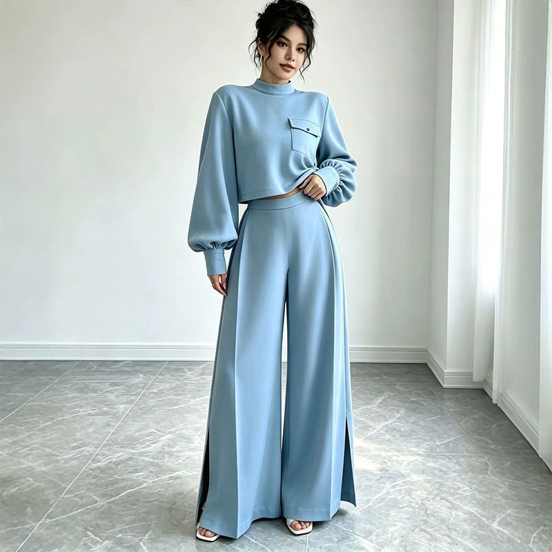 ✨ Effortless Comfort | Women's Cropped Top & Wide-Leg Pants 2-Piece