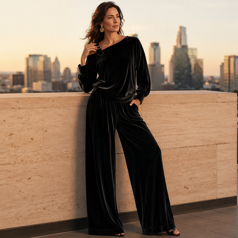 💝💝Women's Off-Shoulder Top & Wide-Leg Pants Set– Effortless Chic Meets Everyday Comfort