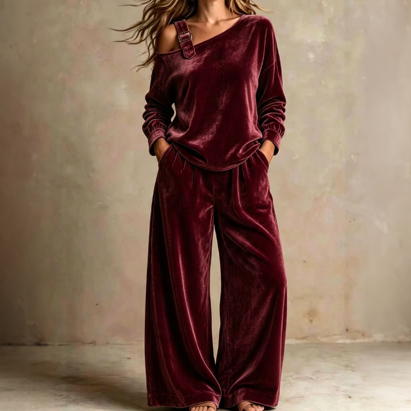 💝💝Women's Off-Shoulder Top & Wide-Leg Pants Set– Effortless Chic Meets Everyday Comfort