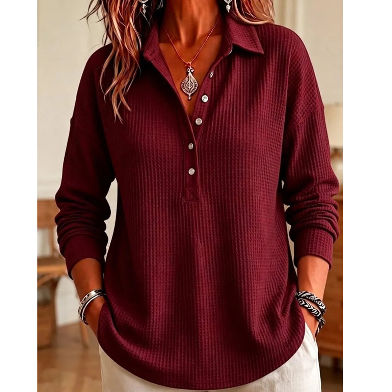 💝💝 New Arrival | Women's Waffle-Knit Collared Relaxed Long-Sleeve Top