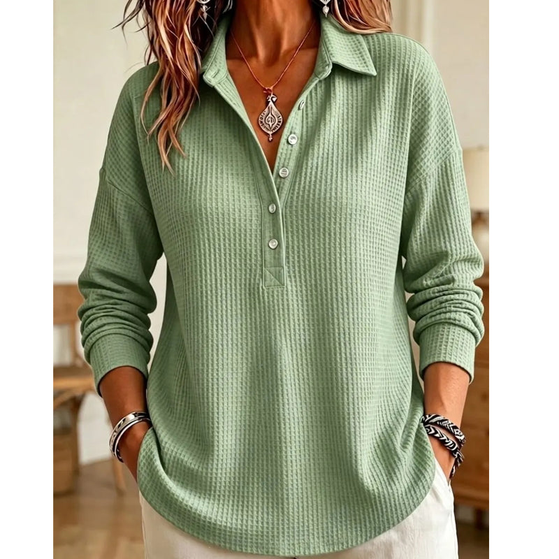 💝💝 New Arrival | Women's Waffle-Knit Collared Relaxed Long-Sleeve Top