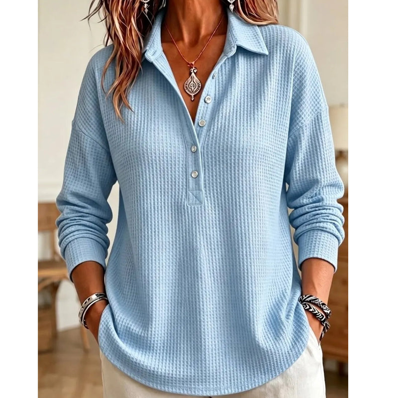 💝💝 New Arrival | Women's Waffle-Knit Collared Relaxed Long-Sleeve Top