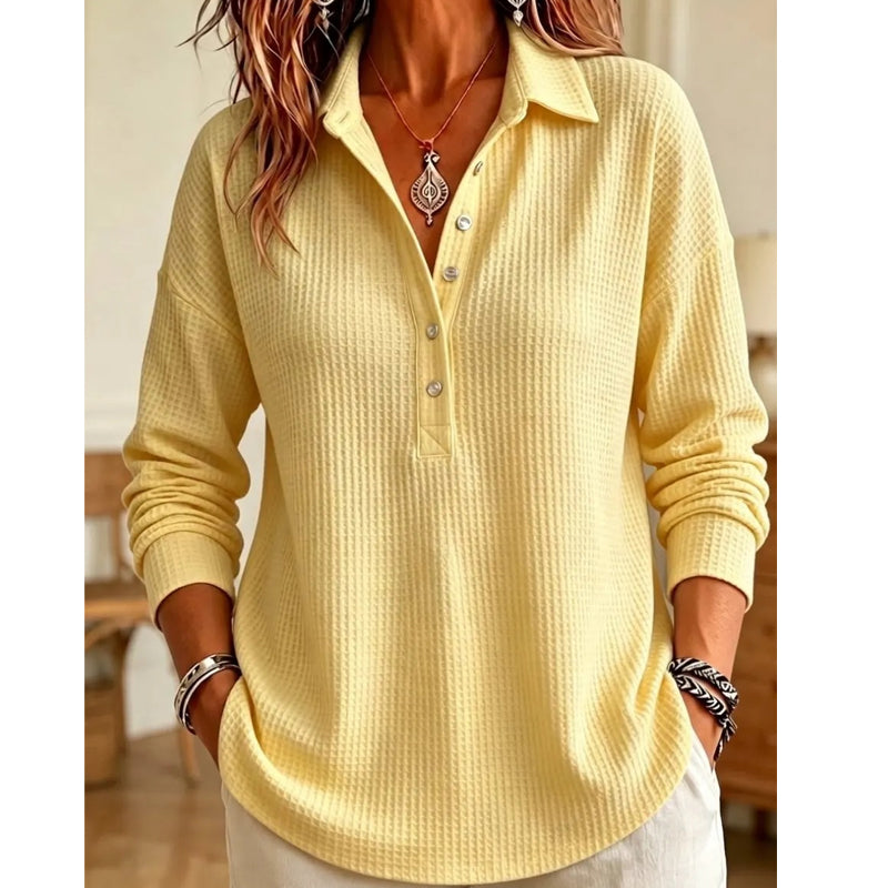 💝💝 New Arrival | Women's Waffle-Knit Collared Relaxed Long-Sleeve Top