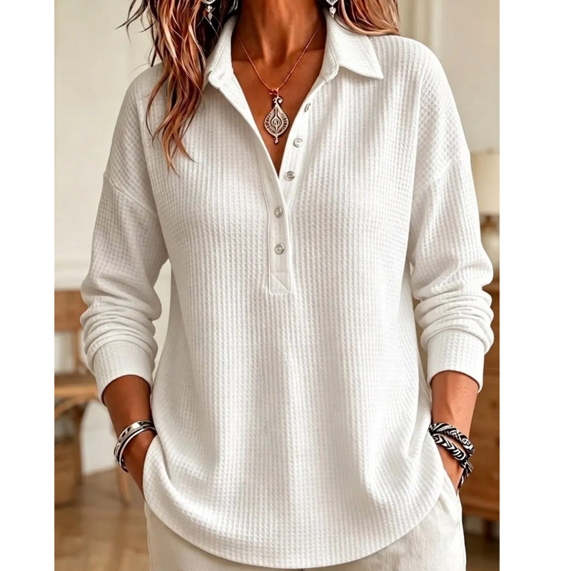 💝💝 New Arrival | Women's Waffle-Knit Collared Relaxed Long-Sleeve Top